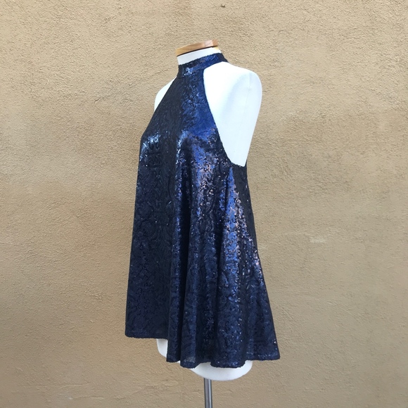 Flirty Blue Sequined Halter Mini Dress Small - Picture 2 of 8